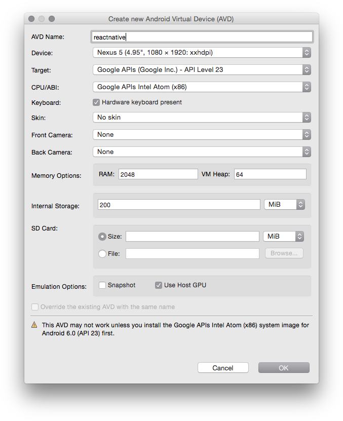 Create AVD dialog